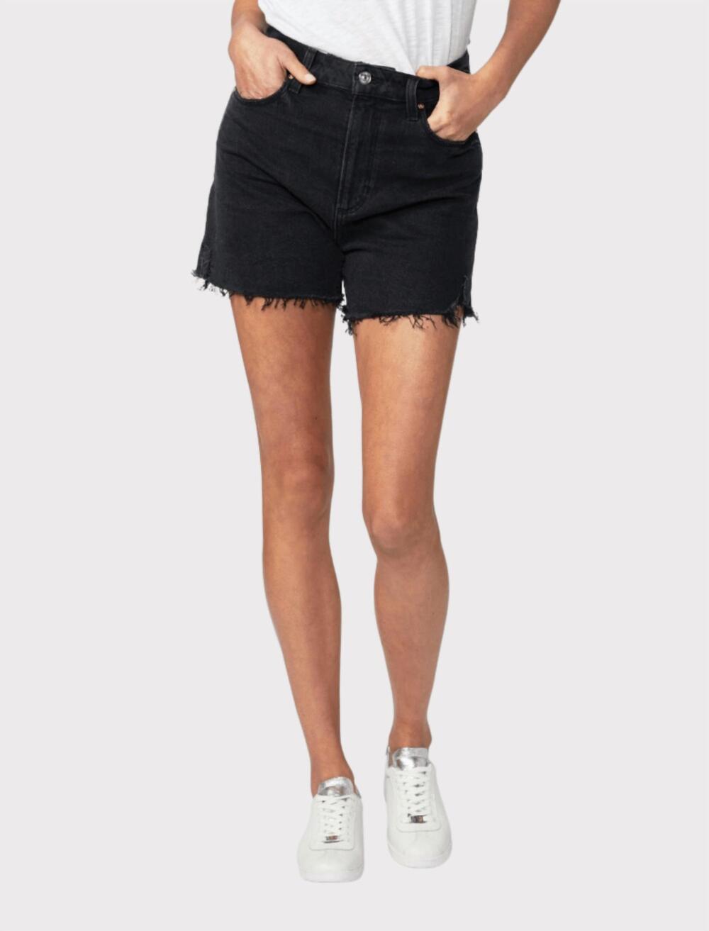 NEW PAIGE dani high waist cutoff denim shorts in dark raven destructed